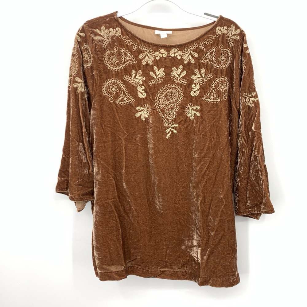 J Jill Women Size Large Shirt Brown Crushed Velvet Paisley Embroidery Top Blouse